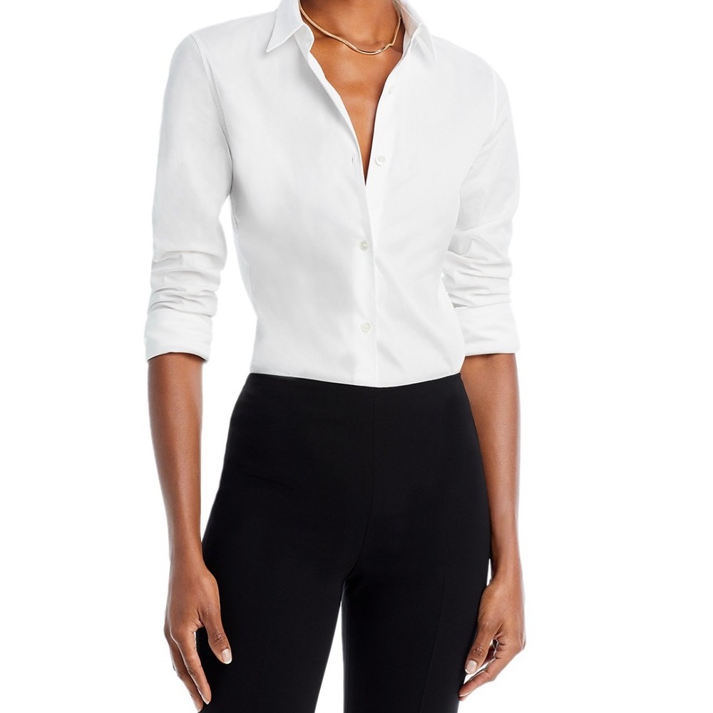 Theory Womens White Long Sleeve Button Down Blouse Size P Tailored Slim Fit